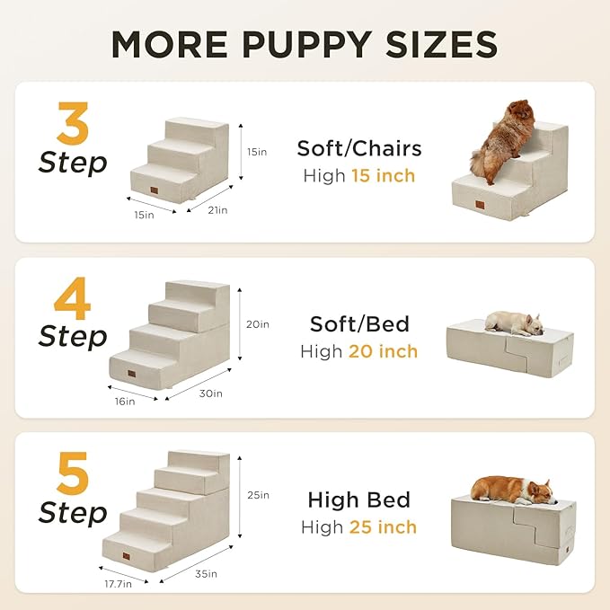 Joydeco Dog Stairs for Bed 15" H, 3-Step Pet Steps for Small Dogs and Cats, Dog Steps for High Bed, Non-Slip Balanced Ramp Indoor Pet Stairs, Beige