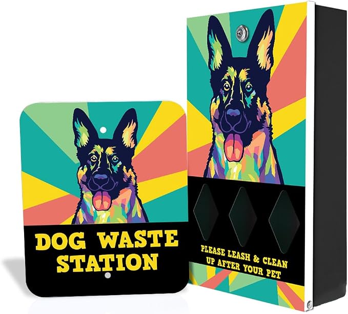 Zero Waste USA - DISPENSE-ART™ Dog Waste Station - German Shepherd | Commercial rust-proof aluminum station with UV artwork, 400 roll bags, 10-gallon can & 10-year warranty
