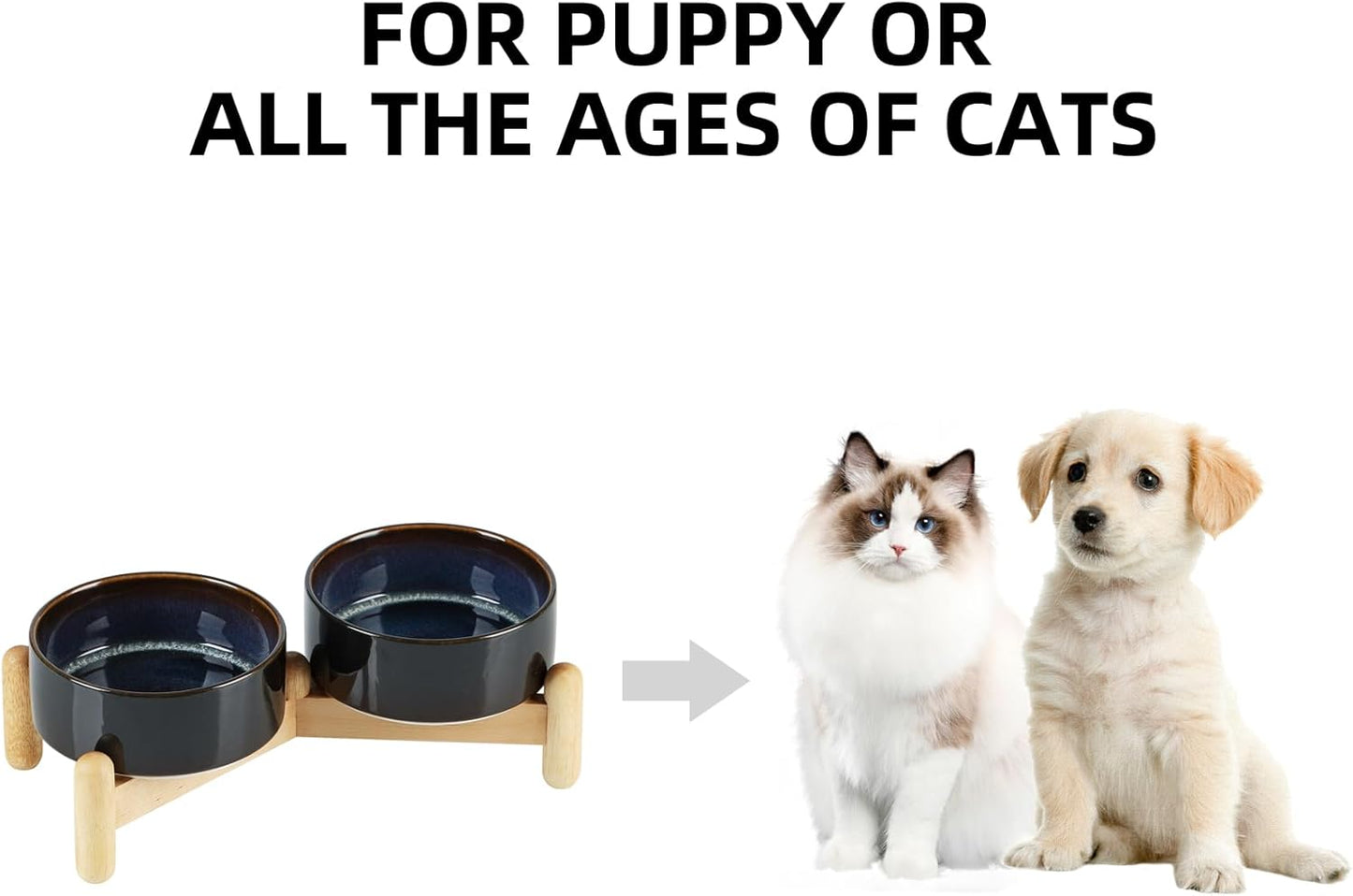 Ceramic 5.1inch Raised Double Bowls Set with Wooden Stand, Elevated Food & Water Bowls for Small Breed Dogs, Cats, Kitty, Weighted Dog Dishes, Pet Bowls(13.5oz, Starry Sky)