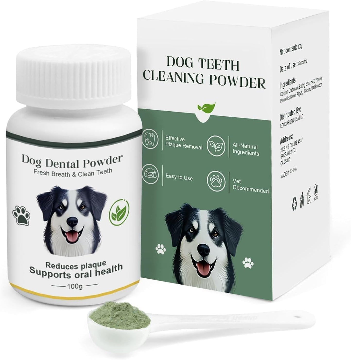 Dog Teeth Cleaning Powder 100g Fights Plaque & Tartar Freshens Breath All-Natural Ingredients for Dogs of All Breeds and Ages Easy to Use Dog Dental Powder