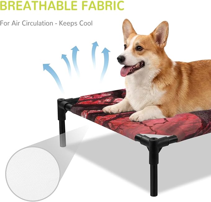 Outdoor Elevated Dog Bed for Large Dogs, Red Trees Breathable Cooling Raised Dog Cot for Indoor/Outdoor, Country Forest Branches Nature Light View Waterproof Elevated Pet Beds, L 28 x 22 in