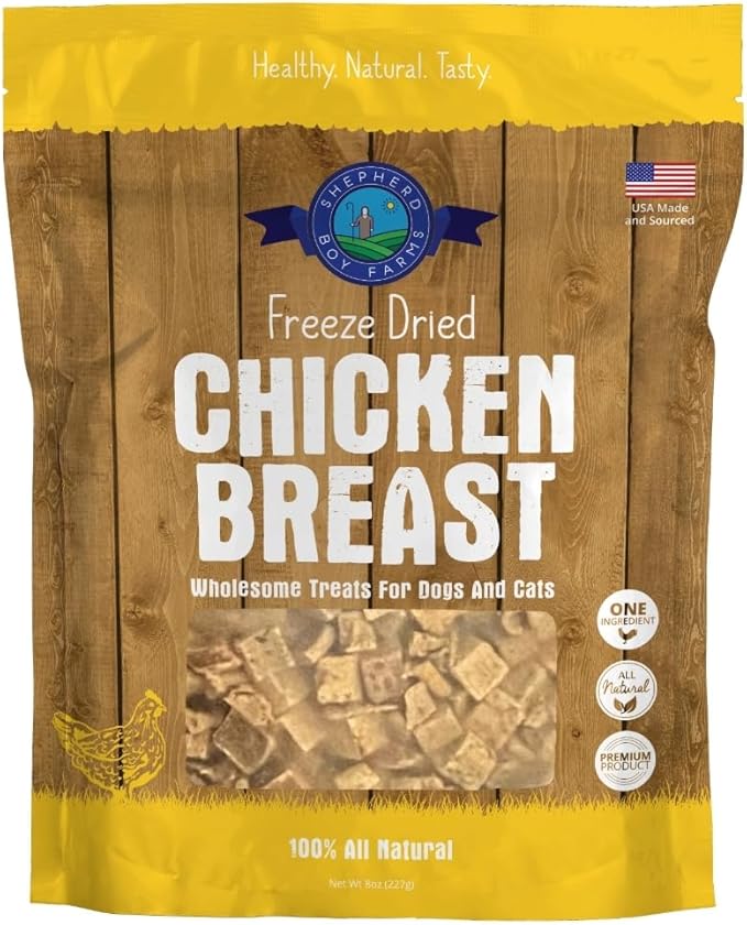 Shepherd Boy Farms Freeze Dried Dog and Cat Treats, Chicken Breast, All Natural Freeze-Dried Dog Treat & Snacks, Made in USA, High in Protein, Nutrition of Raw Food, Single Ingredient, 8oz
