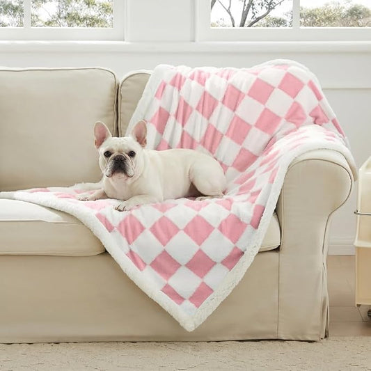 Ohocut Checkered Dog Blanket, Pink Jacquard Sherpa Blankets for Small Dog and Cats, Cute Girly Women Aesthetic Style Fluffy Fleece Pets Blanket for Couch Protection Washable, 40"x50"