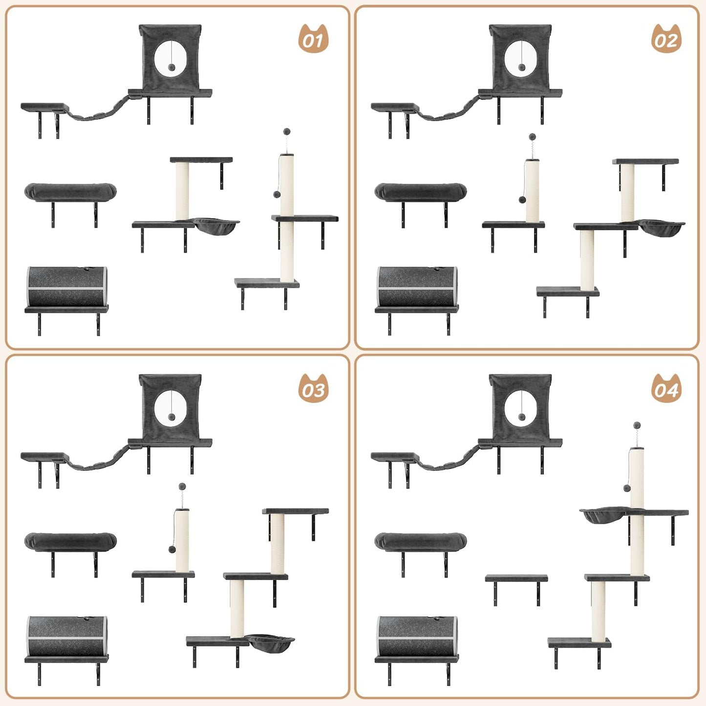 NUNU LAB 7-in-1 Wall Mounted Cat Climber Set, Cat Wall Furniture Set with House, Bridge, Steps, Scratcher Post, DIY Playground, Cat Wall Shelves - Dark Gray