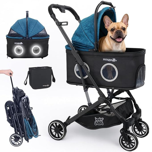 Pet Stroller for Small & Medium Dogs and Cats Up to 50 lbs, 3-in-1 Lightweight Dog Stroller with Detachable Carrier, 360° Mesh Windows, One-Click Fold, Storage Bag & Basket, Cup Holder, All-Terrain