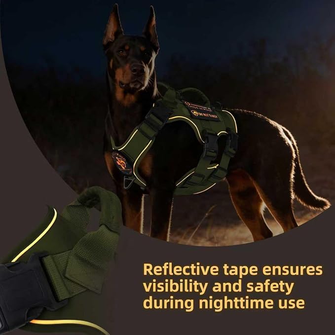 Reflective Tactical Dog Harness with AirTag Holder&3 Pet Patches, Green L | Heavy Duty No Pull Dog Harness, Adjustable Dog Harness, Two Handles, Breathable Mesh Padding, Resists Dirt and Stay Clean