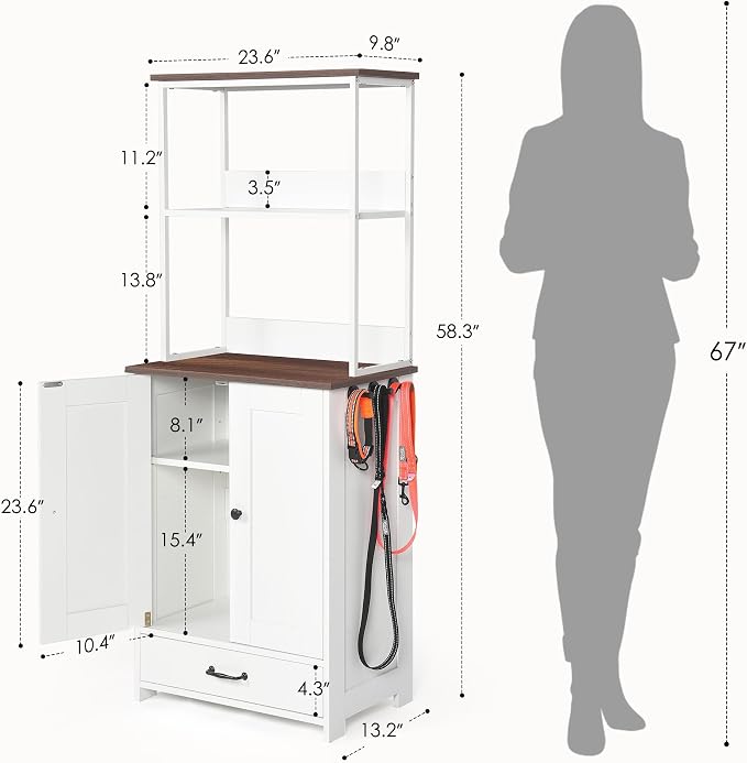 Pet Feeding Station Storage Cabinet with Bowls and Rack, Adjustable Panel,Pet Feeder Station for Dogs Cats for Feeding & Watering Supplies with 2-Level Shelving