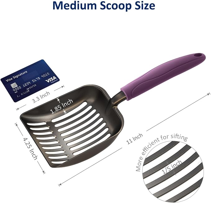 Cat Litter Scoop, Non-Stick Plated Aluminum Alloy Sifter, Kitty Durable Metal Scooper, Deep Shovel, Long Handle, Kitten Pooper Lifter, Size Medium, Coated Black Body with Violet Handle