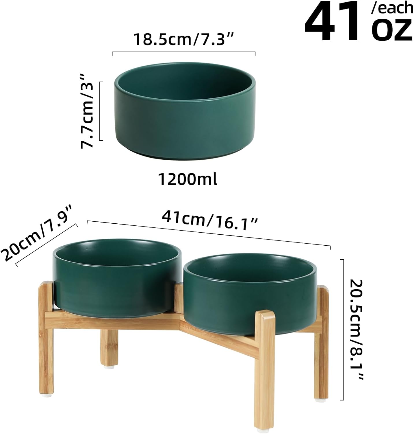 Ceramic Raised Double Bowls Set with Stand, Food & Water Bowls for Medium Breed Dogs, Weighted Dog Dishes, Pet Bowl(7.3'',41OZ, Green)