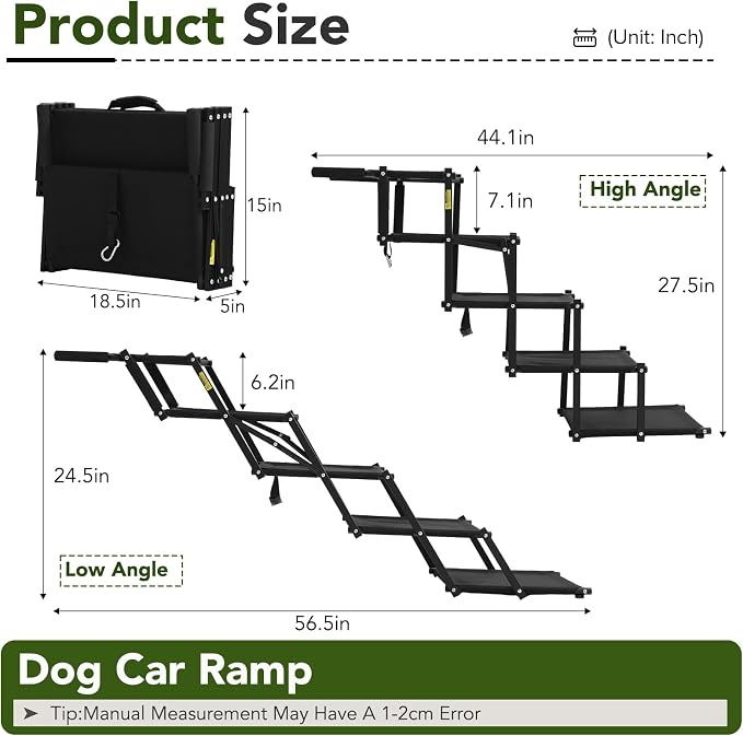 Extra Wide Dog Ramp for Car,Foldable Dog Steps for Truck SUV,150 Lbs | Non-Slip Oxford Surface,Sturdy Steel Frame,Anti-Scratch Handle,Adjustable Height,Light 10s Setup,Suitable for trunk