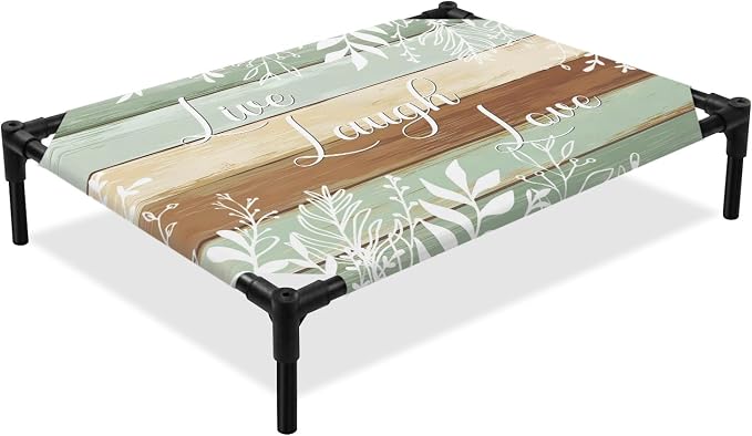 Outdoor Elevated Dog Bed for Large Dogs, Teal Brown Botanical Breathable Cooling Raised Dog Cot for Indoor/Outdoor, Farmhouse Wooden Leaves Waterproof Elevated Pet Beds, L 28 x 22 in
