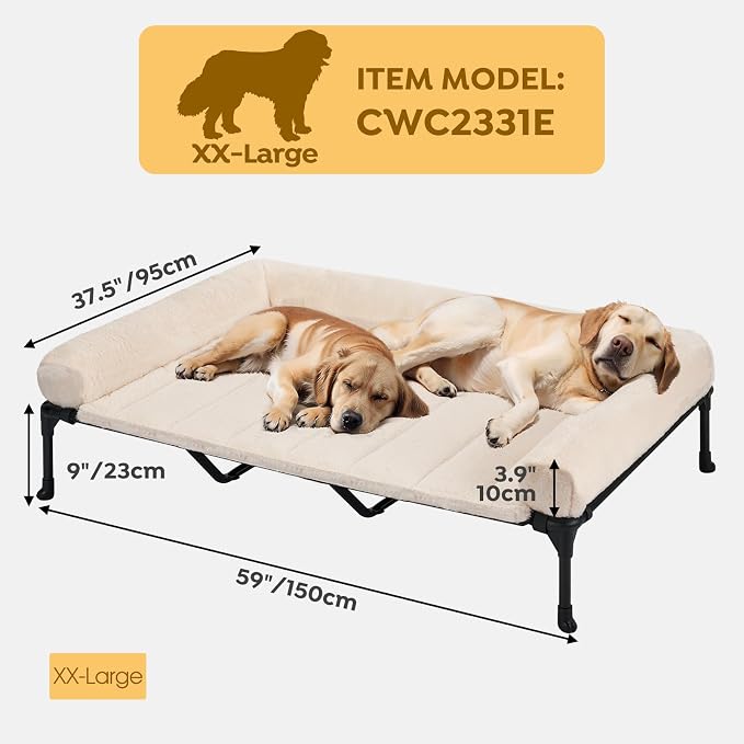 Veehoo Elevated Dog Beds Large Sized Dog with Fluffy Plush Bolster Cushion | Orthopedic Raised Dog Beds for Indoor Outdoor, Soft Pet Sofa Cot with Removable Washable Mat, No-Slip Feet, 59" x 37", White