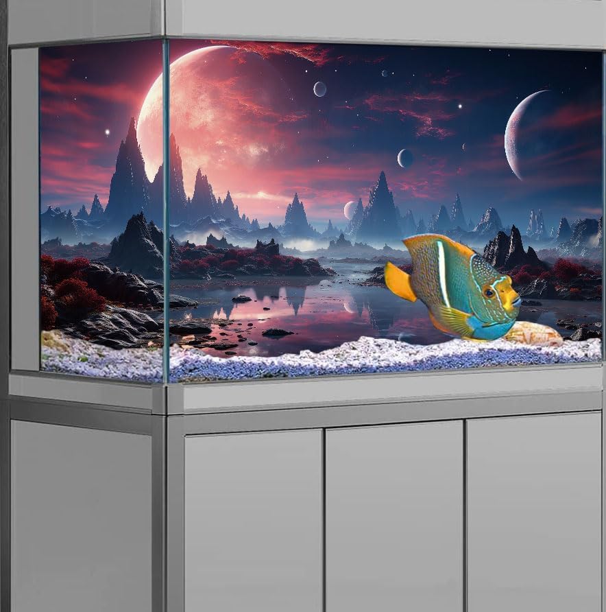24X12IN Cosmic Spaceterrarium Background, Cool Parallel Space Themed Aquarium Reptile Habitat Background, Red Moon Aquarium Background with 10EVA Double-Sided Tape