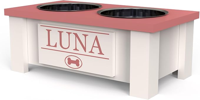 Elevated Dog Bowls for Small Dogs, Personalized Food Stand for Small Breed | Farmhouse Style, Elevated Wood Stand, Storage Container, Stainless Steel Bowls, Raised Anti-Slip Feeder, Made in USA
