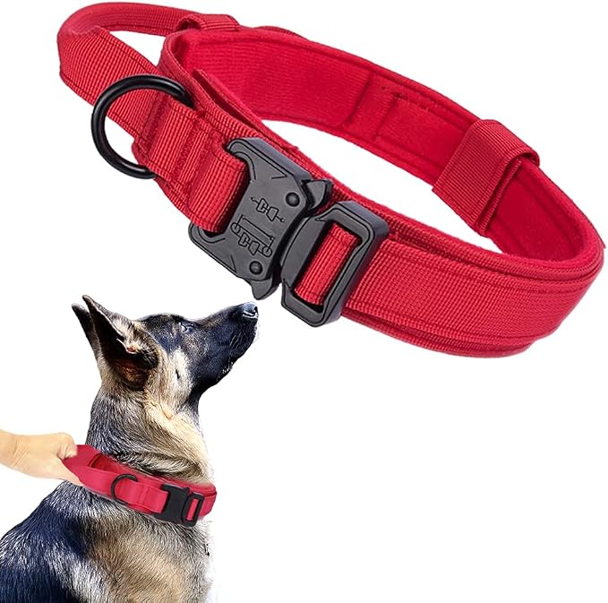 Tactical Dog Collar for Large Dogs with Control Handle,Red,L | 1000D Heavy-Duty Nylon Fabric,Quick-Release Metal Buckle,Adjustable Fit,Soft-Padded Webbing,D-Ring,for Training & Hiking