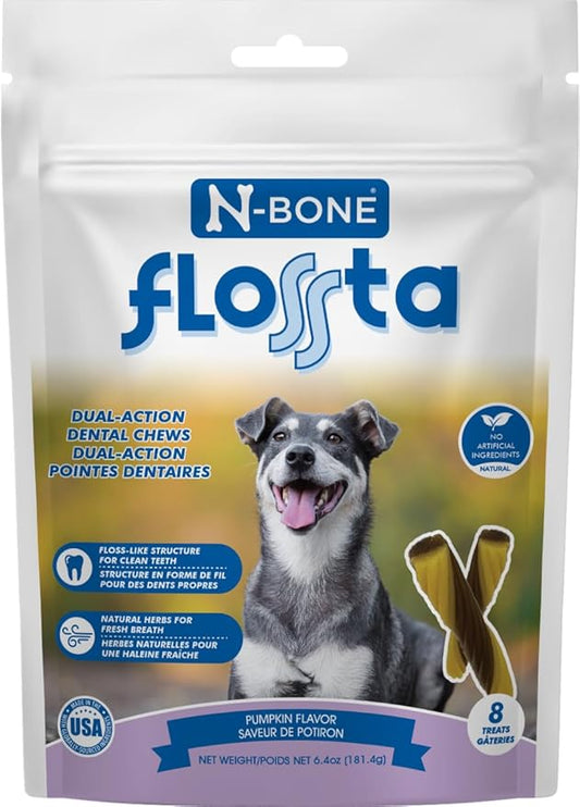 N-Bone Flossta Dual Action Dental Chews for Dogs, Unique Twist Shape for Deep Teeth Cleaning and Proactive Dental Care, Pumpkin Flavor, 8 Count 6.4-oz Bag