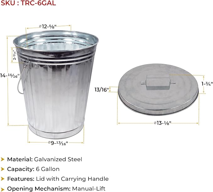 Mytee Products 4 Pack Galvanized Trash Can w/Lid Ideal for Trailers - 6 Gallon Steel Mounted Small Outdoor Garbage Can for Home, Office, Bathroom, Kitchen - Fire and Heat Resistant