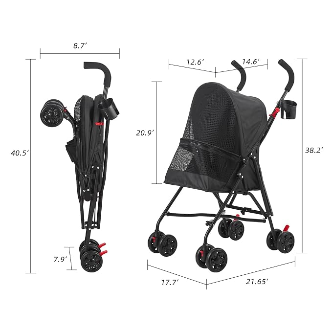 Pet Stroller Oxford Cloth Foldable Dog Strollers for Small Dogs and Cats Suitable for All Road Surfaces Wide-View Panoramic Window 4 Wheels with Brakes Portable Design, Easy to Store (Pink)
