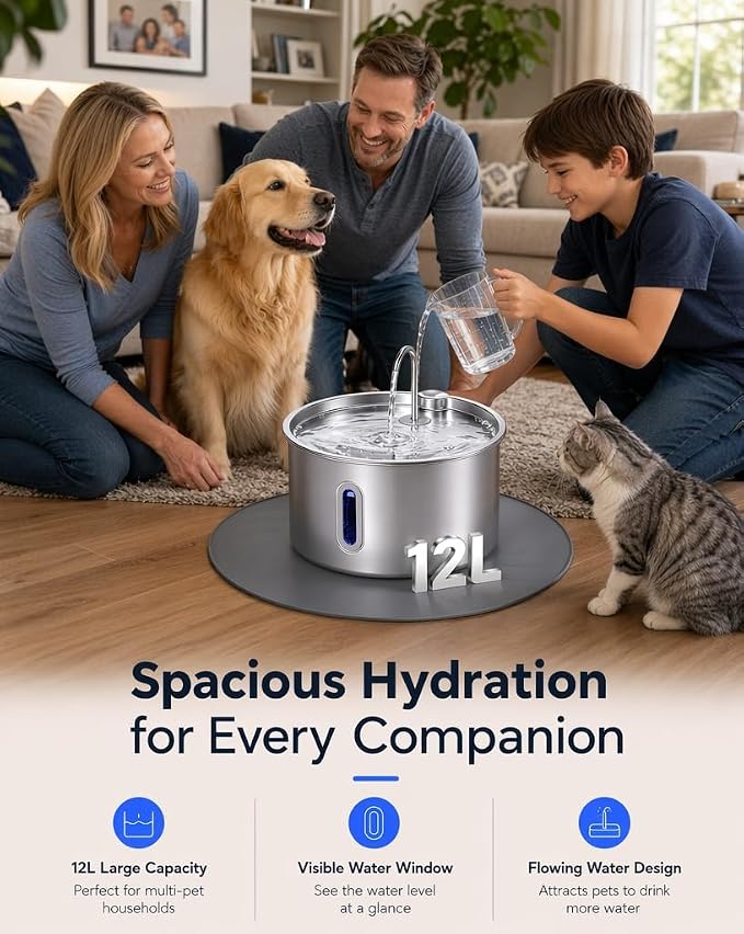 12L/3.17Gal Dog Water Fountain Stainless Steel | 6 Filters Pet Fountain Water Bowl for Large Dogs Multi-Pet Dispenser Water Visible Window & LED Light Alert
