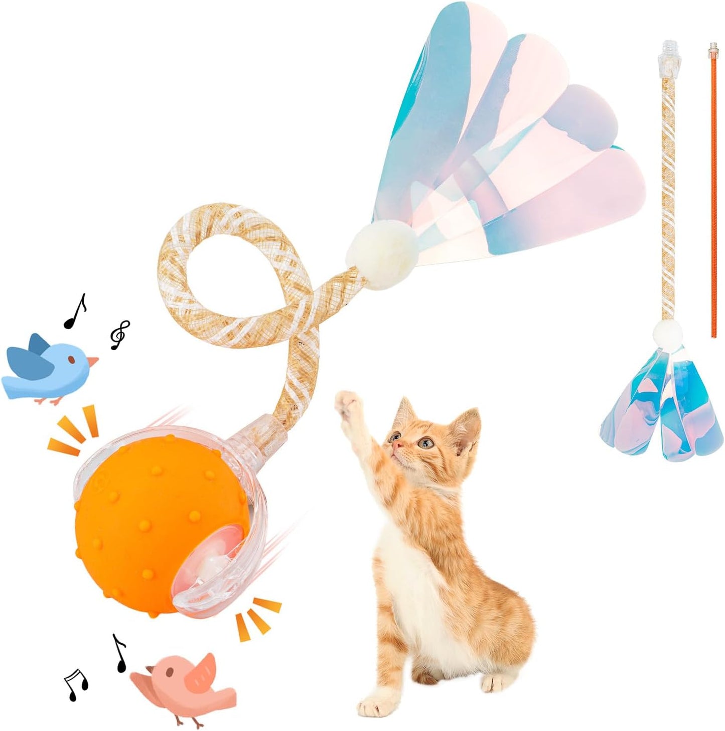 Interactive Cat Toys Ball for Indoor Cats, Automatic Agile Rolling Cat Ball with Elastic Mesh Tail, Bird Chirping & Motion Activated, 2 Tail Accessories, Kitten Toy for Bored (Orange)