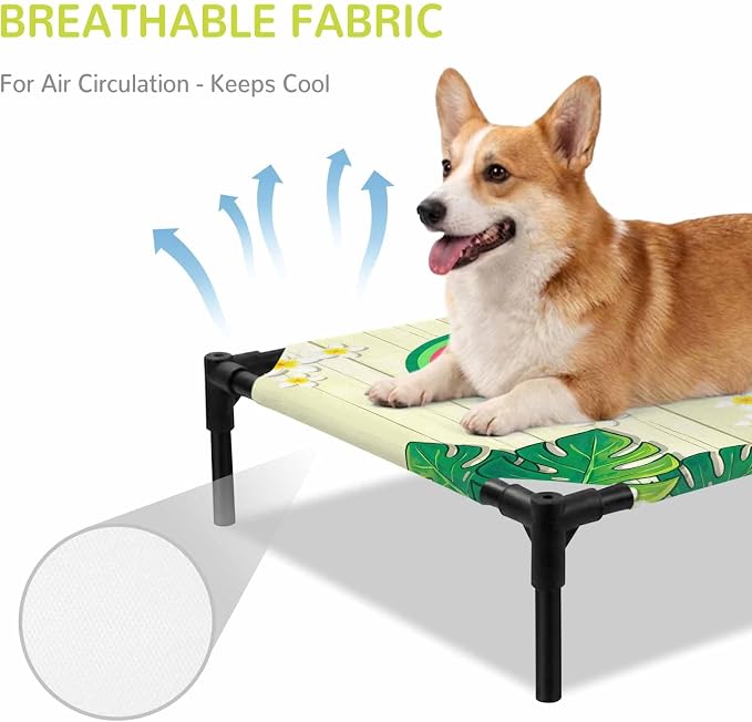 Outdoor Elevated Dog Bed for Medium Dogs, Summer Swimming Rings Breathable Cooling Raised Dog Cot for Indoor/Outdoor, Floral Plumeria Yellow Wooden Waterproof Elevated Pet Beds, M 24 x 20 in