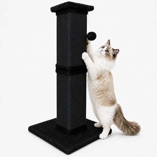 Vertical Cat Scratching Post for Indoor Cats, Sisal Scratch Tower with Soft Plush Base & Ball, 32'' Tall Cat Scratcher Column for Kittens and Adult Cats, Furniture Protection, Full Black