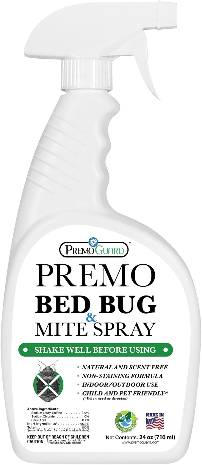 Premo Guard Bed Bug & Mite Killer Spray - 100% Kill Rate Formula, 24 oz | University Tested, Safe for Bedding, Furniture, Fabrics, and Clothing, Non Toxic, Stain & Scent Free, Child & Pet Safe