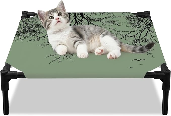 Outdoor Elevated Dog Bed for Small Dogs, Green Black Branches Breathable Cooling Raised Dog Cot for Indoor/Outdoor, Botanical Dead Tree Birds Waterproof Elevated Pet Beds, S 20 x 20 in