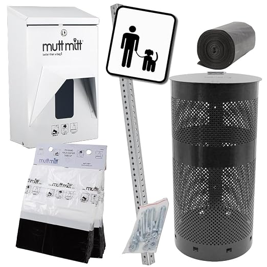 Mutt Mitt® Aluminum Dog Waste Station - Gloss White/Black | 2-Ply | Complete aluminum station with 400 header bags, 25 liners, 12-gal can, locking dispenser, post & hardware included