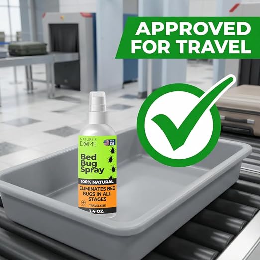 Nature's Dome TSA Approved Travel Bed Bug Spray (3.4 oz) Pack of 2 – Natural Bed Bug & Mite Killer, Destroys Eggs on Contact, Non-Staining for Hotel Mattresses & Luggage