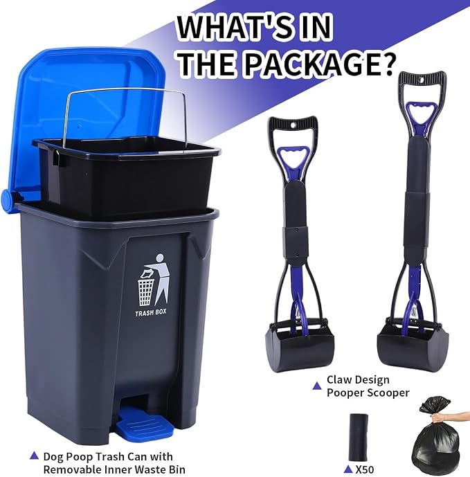 Pooper Scooper 2 Pack with 20 Litre Step Dog Poop Trash Can, 28" Long Handle Dog Poop Scoopers for Large Small Dogs Heavy Duty, Removable Inner Bucket for Outdoors, 50 Waste Bags Included (Blue)