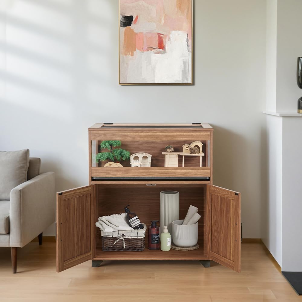 unipaws Hedgehog Cage with Storage Cabinet, Hamster Cage for Rat and Guinea Pigs, Clear Transparent PVC Visual Small Animal Cage with Tray, Hamster Enclosure, Walnut