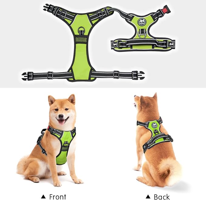 PoyPet No Pull Dog Harness Large with Front Clip & Neck Release Buckle | No Choke, Adjustable Vest, Reflective, Back Clip, Lockable, Soft Padded, Easy Control Handle for Walking Training, XL, Green