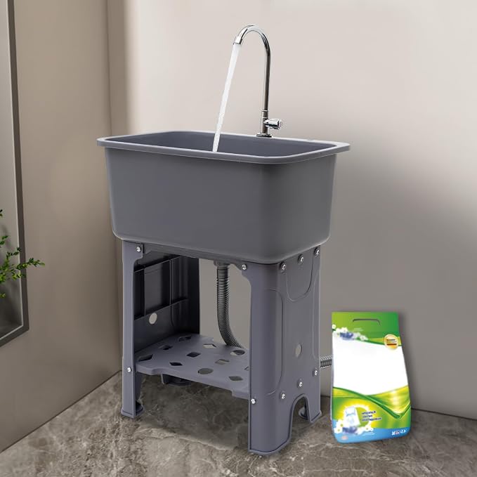 Freestanding Plastic Utility Sink with Hose Hook Up Gray | 110.23 lbs Load Capacity, 360° Swivel Faucet, Includes Washboard, Bottom Storage Board, Suitable for Garages and Gardens