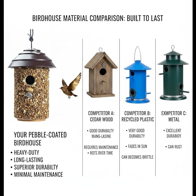 Pebble Stone Bird House for Outside Clearance, HDPE Roof Bird House for Outdoor, Heavy Duty Stone, Hanging Birdhouse for Outside, Wren House 10 Year Lasting (Black