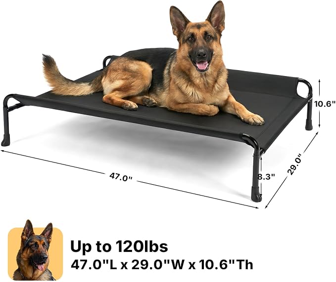 Veehoo Outdoor Dog Bed, Raised Dog Beds for Large Dogs, Elevated Dog Bed with Headrest, Washable Cooling Pet Cot with Non-Skid Feet, Breathable Mesh, Pet Hammock for Indoor or Camping, 47", Black