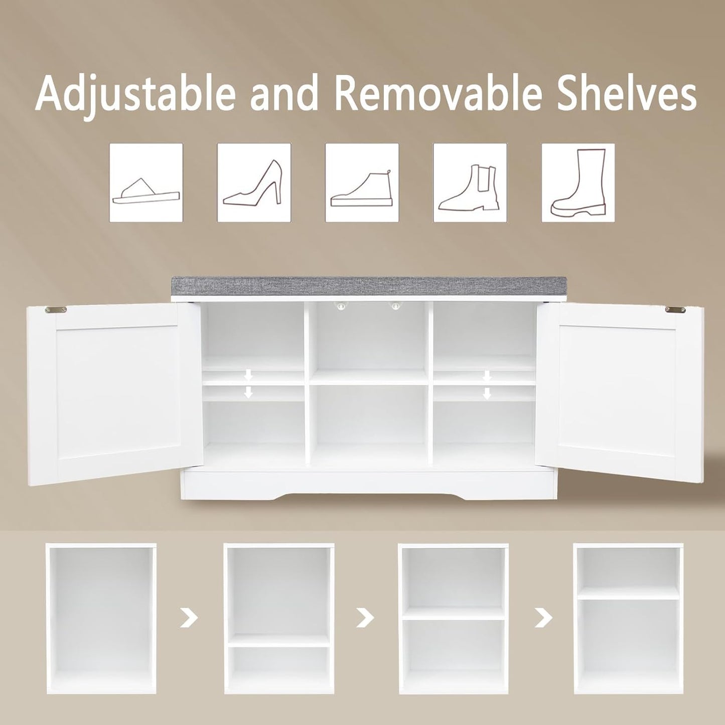 DINZI LVJ Shoe Bench, Entryway Storage Bench with Doors, Cushion, 2-Tier Shoe Rack with 6-Cubby, 31.5”L x 13.8”W Shoe Organizer Cabinet, Adjustable Shelf, Living Room, Bedroom, White