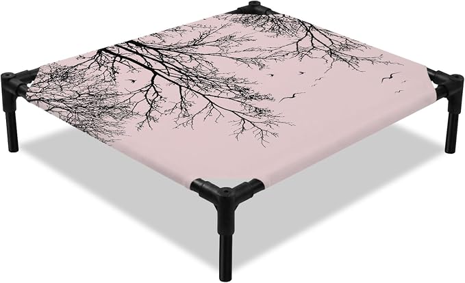 Outdoor Elevated Dog Bed for Small Dogs, Pink Black Branches Breathable Cooling Raised Dog Cot for Indoor/Outdoor, Botanical Dead Tree Birds Waterproof Elevated Pet Beds, S 20 x 20 in