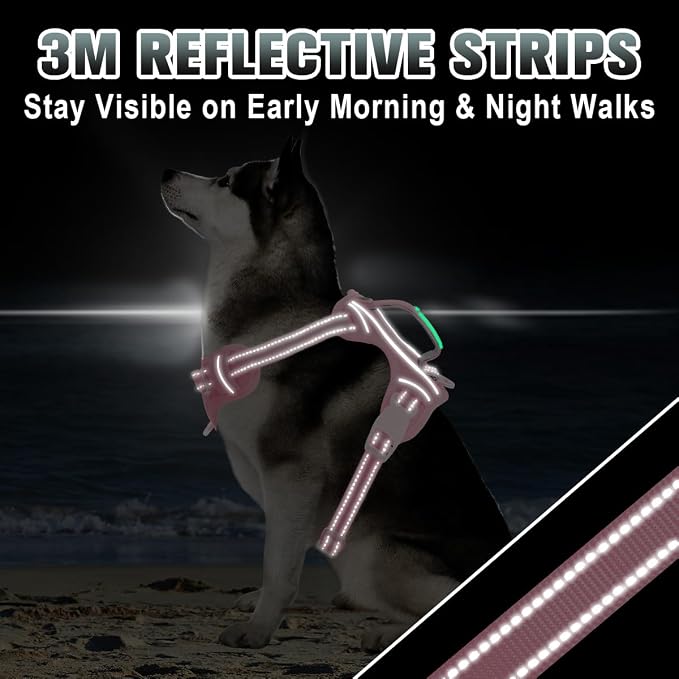 BARKBAY No Pull Dog Harness Large Reflective Dog Harness with Front Clip and Easy Control Handle for Walking Training Running with ID tag Pocket(Baby Pink,L)