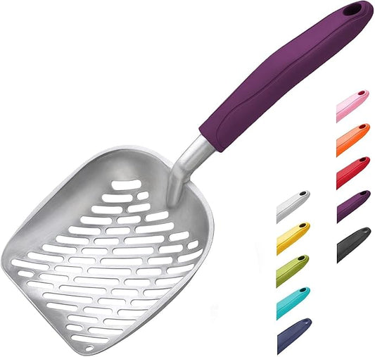 Cat Litter Scoop, Aluminum Alloy Sifter, Kitty Metal Scooper, Deep Shovel with Diagonal Sifting Hole, Long Handle, Kitten Poop Lifter for Litter Box, Medium Size, Violet Handle