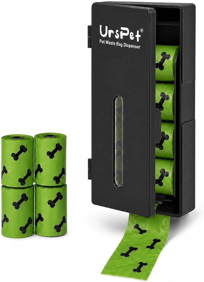 URSPET Dog Poop Bag Dispenser with 4 Rolls, Wall Mount Pet Waste Holder | Stick-On or Screw-On, Viewing Window, Easy Bag Pull, Flip-Top Refill, 60 Bags Included, Indoor and Outdoor Use