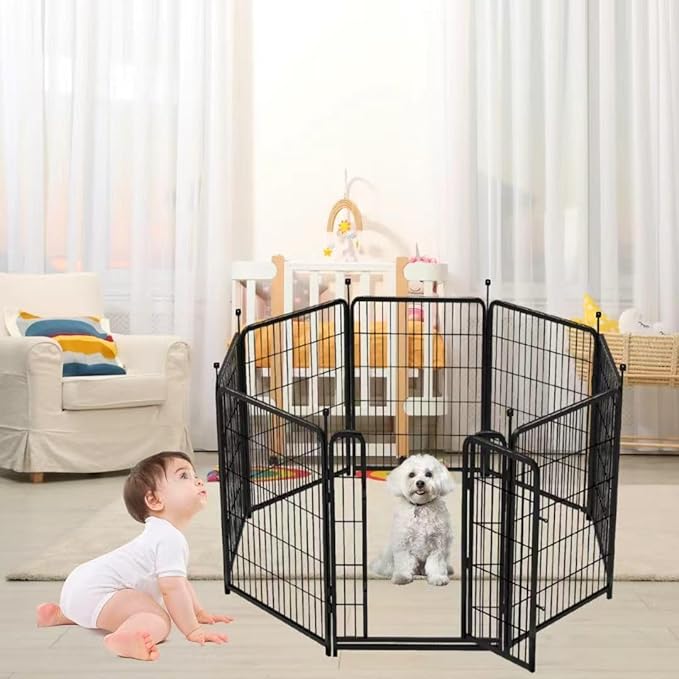 Explovehike 36 inch High, 8 Panels Total 17.7 Ft(L) Tall Garden Fence for Dogs, Wide Door Low Threshold Temporary Fence, Fencing for Garden Beds, Dog Fence Outdoor for Yard