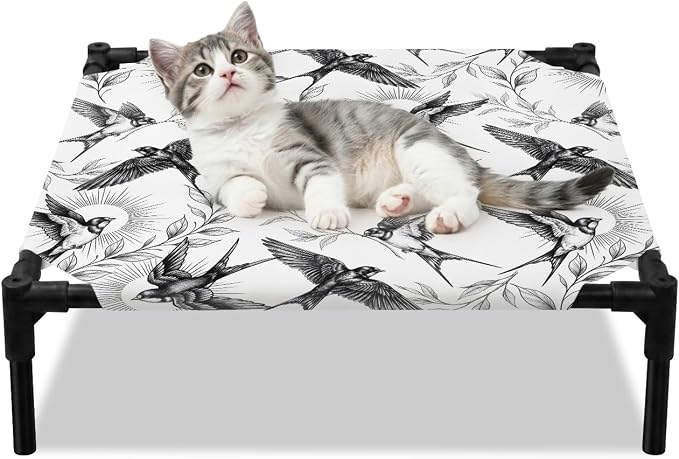Outdoor Elevated Dog Bed for Small Dogs, Birds Leaves Breathable Cooling Raised Dog Cot for Indoor/Outdoor, Spring Farmhouse Botanical Animals Vines Waterproof Elevated Pet Beds, S 20 x 20 in