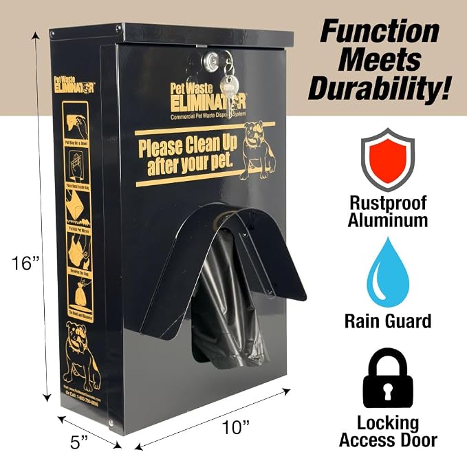 Dog Waste Station Dispenser Box - 800 FREE Dog Poop Bags- Made of Rustproof Aluminum - Pet Waste Bag Dispenser with Lock and Rainguard - For Commercial Use, Parks, Condos, HOA (Black)