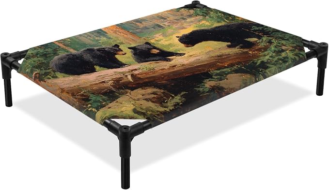 Outdoor Elevated Dog Bed for Medium Dogs, Forest Bears Breathable Cooling Raised Dog Cot for Indoor/Outdoor, Nature Country Wild Animals Trees Branch Waterproof Elevated Pet Beds, M 24 x 20 in