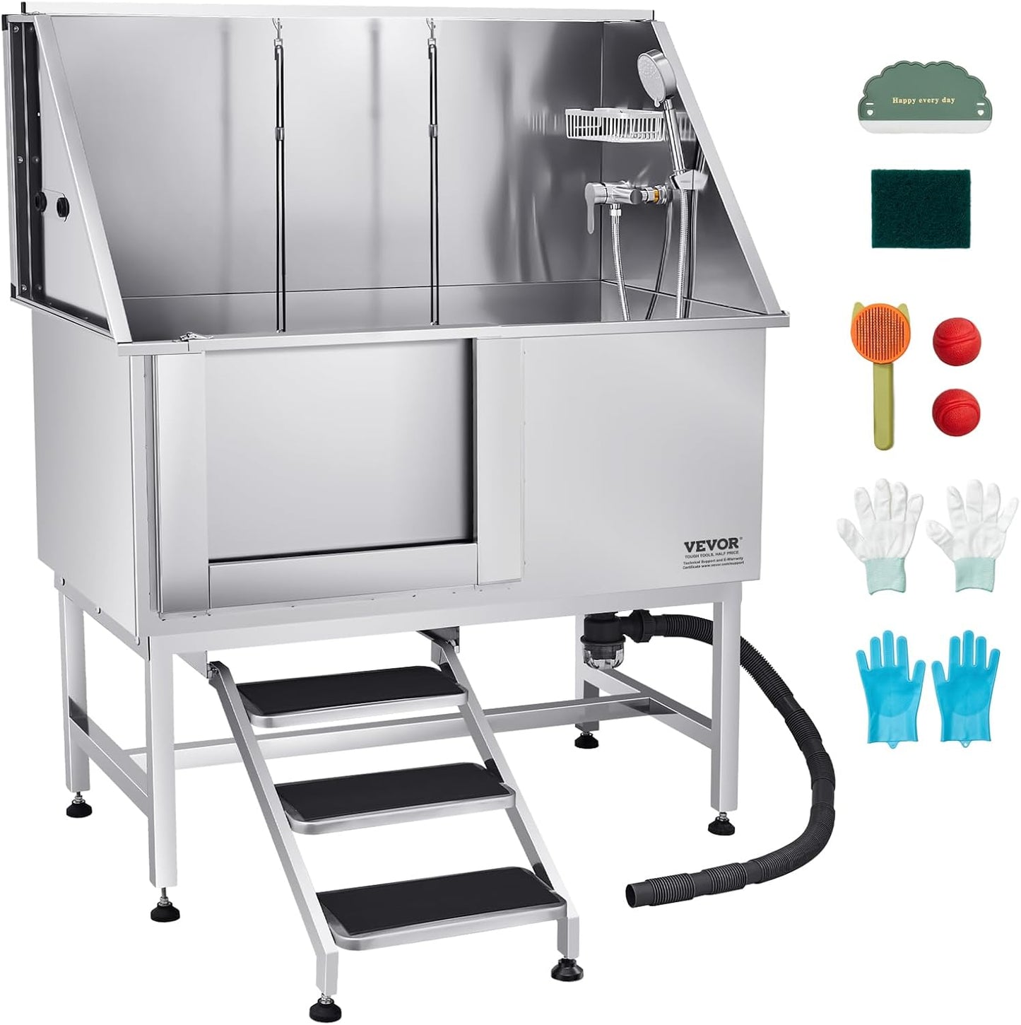 VEVOR Stainless Steel Dog Washing Station, Professional 50 inch Pet Grooming Tub w/Stairs, PE Water Filter Board, Faucet & Showerhead & Soap Holder Bathtub for Large & Medium & Small Pets (Left Door)