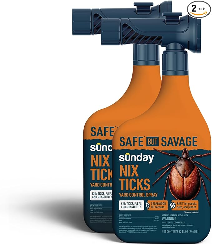 Sunday Nix Ticks - Tick Control Spray - Ready-to-Use - Concentrated Cedar Oil - Helps Kill Ticks, Tick Larvae, Fleas, and Mosquitos - Lasts up to 4 Weeks - 32 Fl Oz, 2-Pack