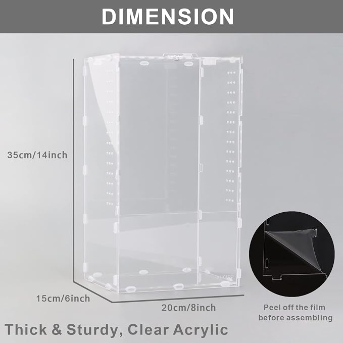 Aiicioo Micro Habitat Terrarium Enclosure 8x6x14 Inches Tarantula Enclosure Box Insect Habitat Clear Acrylic Reptile Feeding Tank for Jumping Spiders Insect Small Tree Dwelling Reptiles