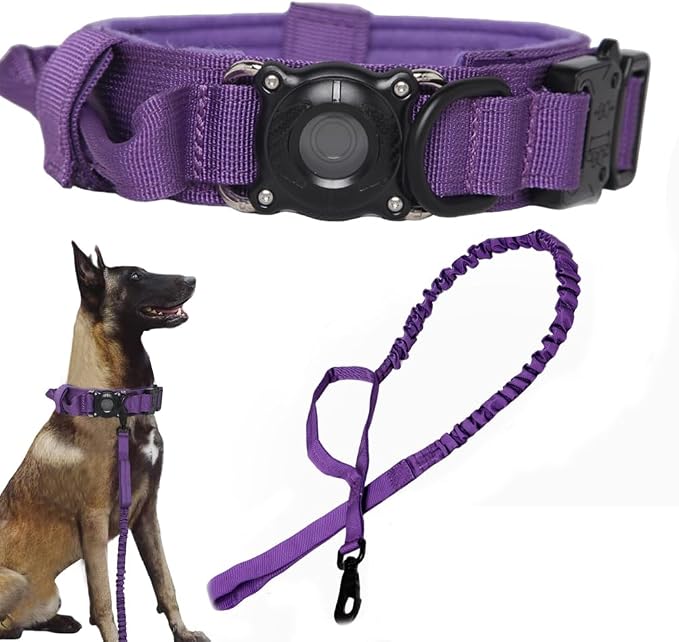 Tactical Dog Collar and Leash Set with Airtag Holder Waterproof Dog Airtag Collar with Handle Adjustable Heavy Duty Dog Collar Leash Set(DeepPurple，XXL