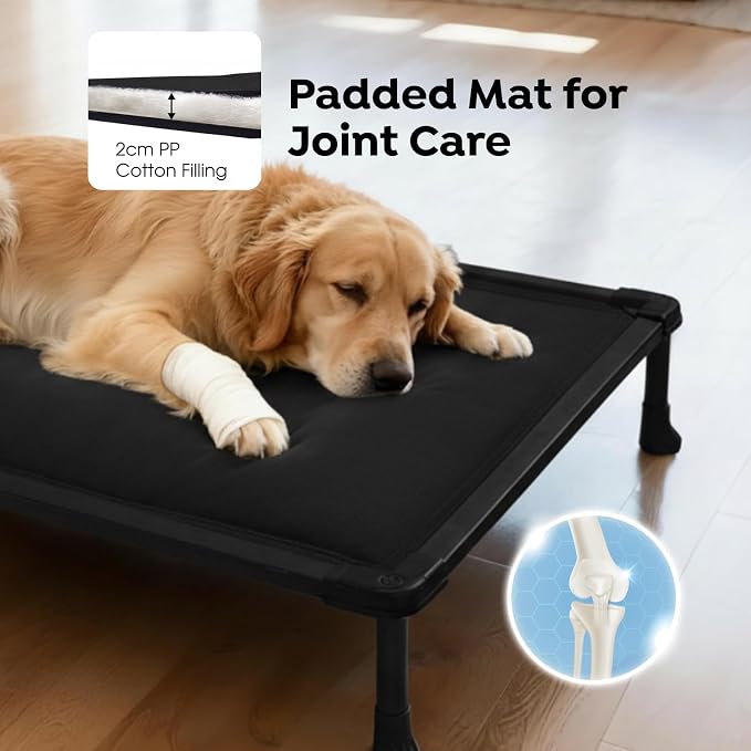 Veehoo Chew Proof Elevated Dog Bed, Padded Indestructible Raised Dog Cot | Orthopedic Dog Platform Bed with Padded Mat, Durable Water Resistant Pet Cot for Indoor, Outdoor or Crate, 35", Black